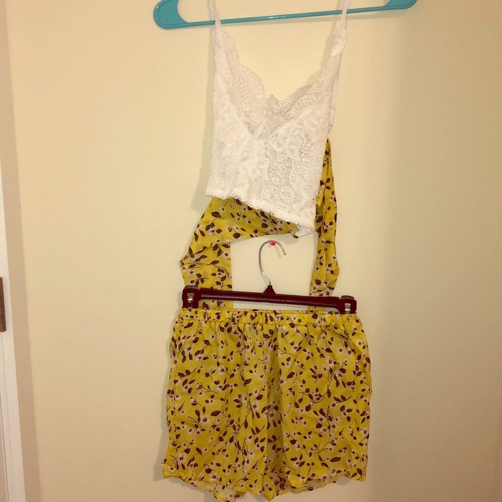 white and yellow floral two piece